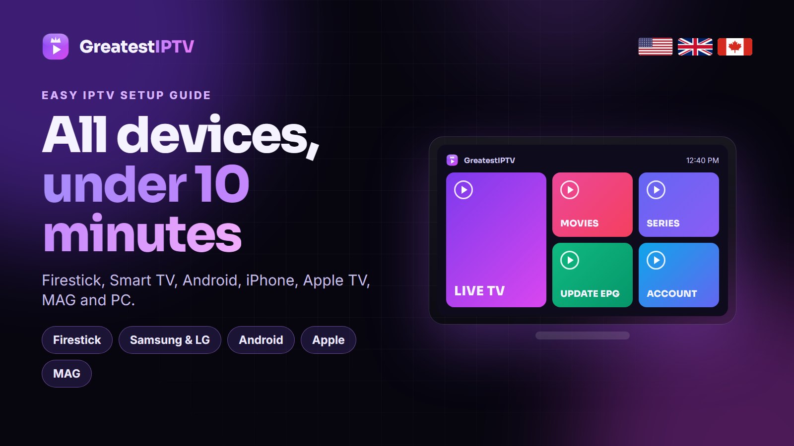 Easy IPTV setup guide (all devices) for GreatestIPTV: Firestick, Smart TV, Android, iPhone, Apple TV and MAG in the USA, UK and Canada