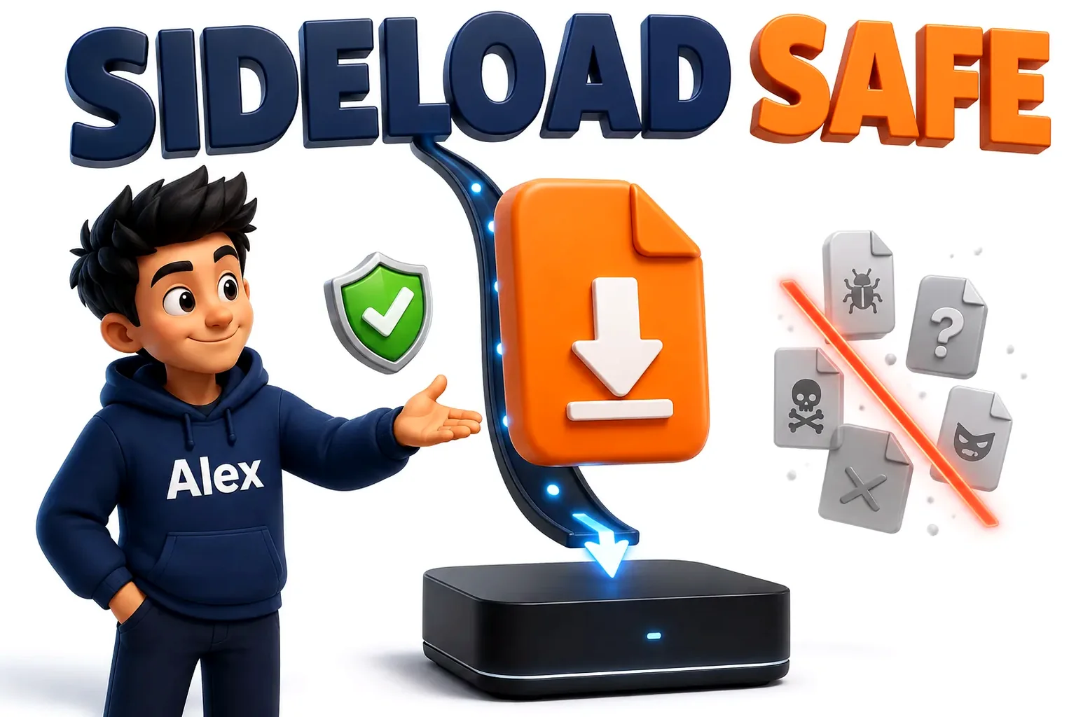 3D cartoon of an app file downloading safely onto a streaming box