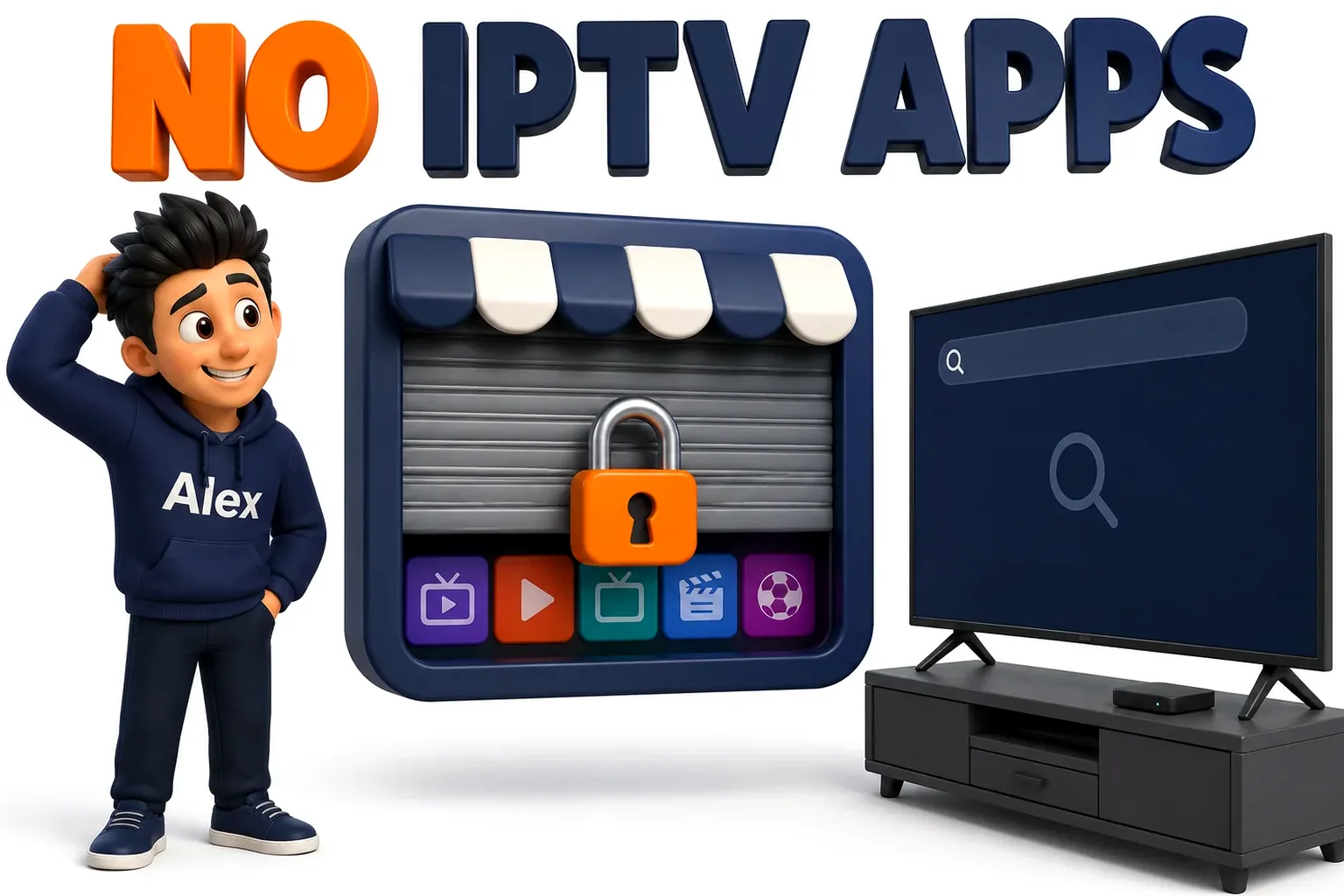 3D cartoon of a closed Roku channel store with a padlock