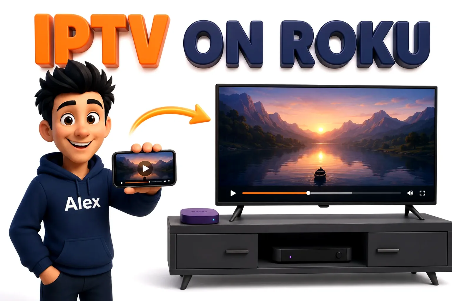 3D cartoon showing phone screen mirroring to a Roku television