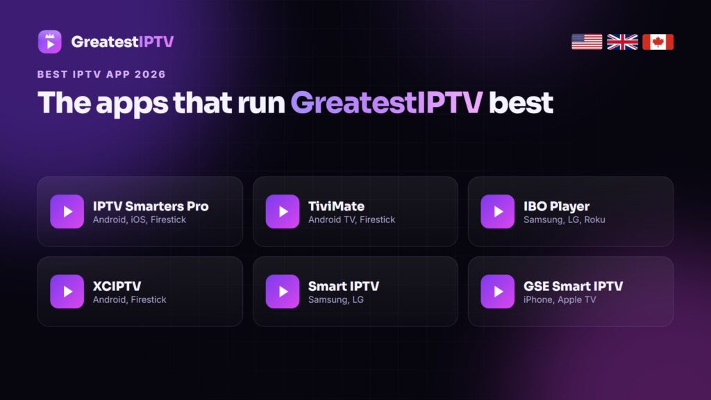 Best IPTV app 2026 for GreatestIPTV: Smarters, TiviMate, IBO Player, XCIPTV, Smart IPTV, GSE