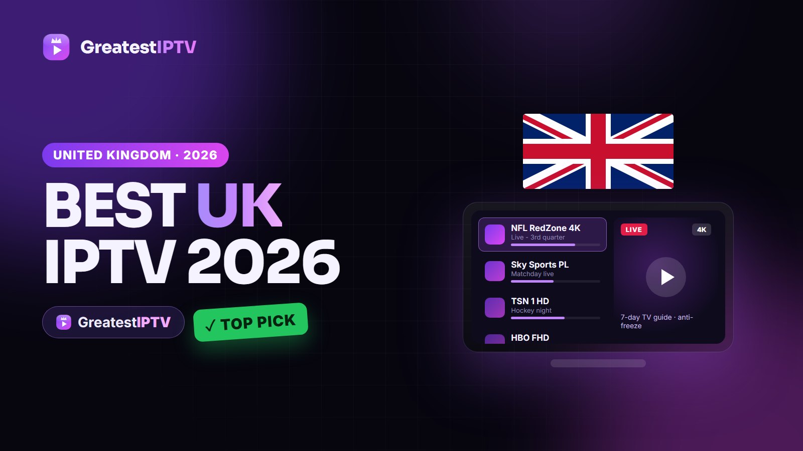 Best UK IPTV 2026 - GreatestIPTV top pick for the United Kingdom