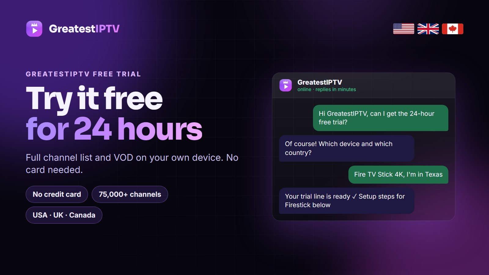 GreatestIPTV free trial: 24 hours, no card, USA, UK and Canada