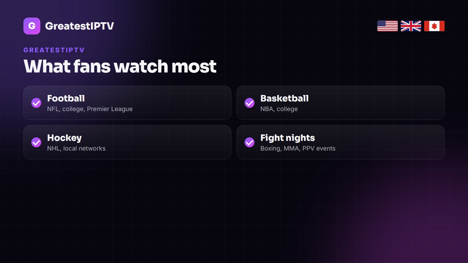 GreatestIPTV sports overview: football, basketball, hockey and fight nights
