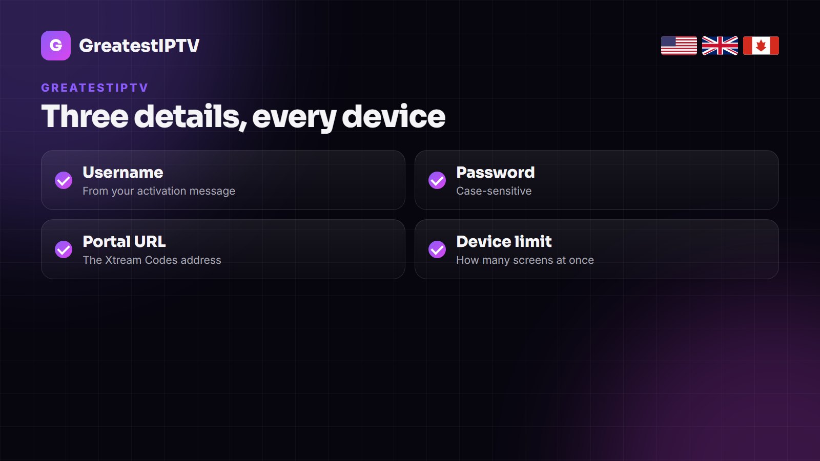 Xtream Codes API login fields filled in for a GreatestIPTV line