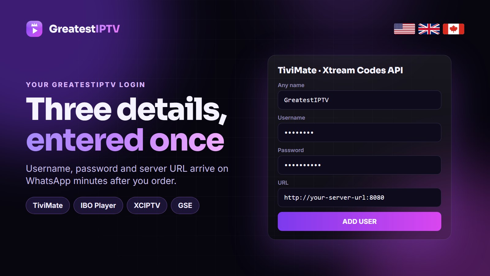 GreatestIPTV Xtream Codes login: username, password and server URL