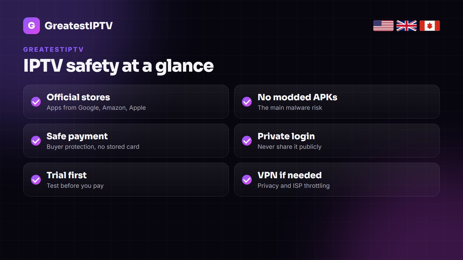IPTV safety checklist: official app stores, no modified APKs, safe payment, private login, VPN, trial first